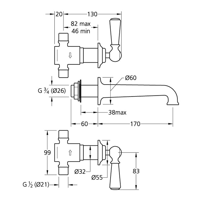 Lefroy Brooks Classic White Lever 3-Hole Concealed Wall Bath Filler WL1152