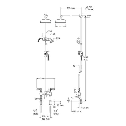 Lefroy Brooks Classic White Lever Bath Shower Mixer with Riser Kit, Lever Diverter, Hand Shower & 5" Rose WL1700