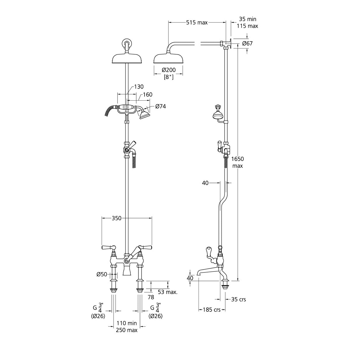 Lefroy Brooks Classic White Lever Bath Shower Mixer with Riser Kit, Lever Diverter Hand Shower & 8" Rose WL1701