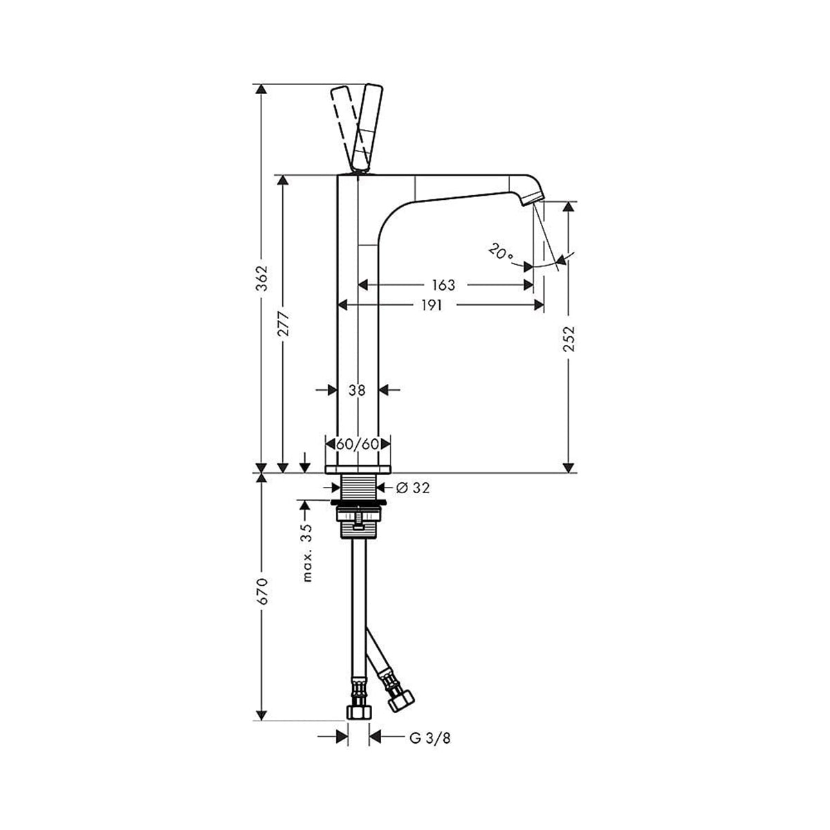 AXOR 36104000 Citterio E Tall Single Lever Basin Mixer 250 with Pin Handle