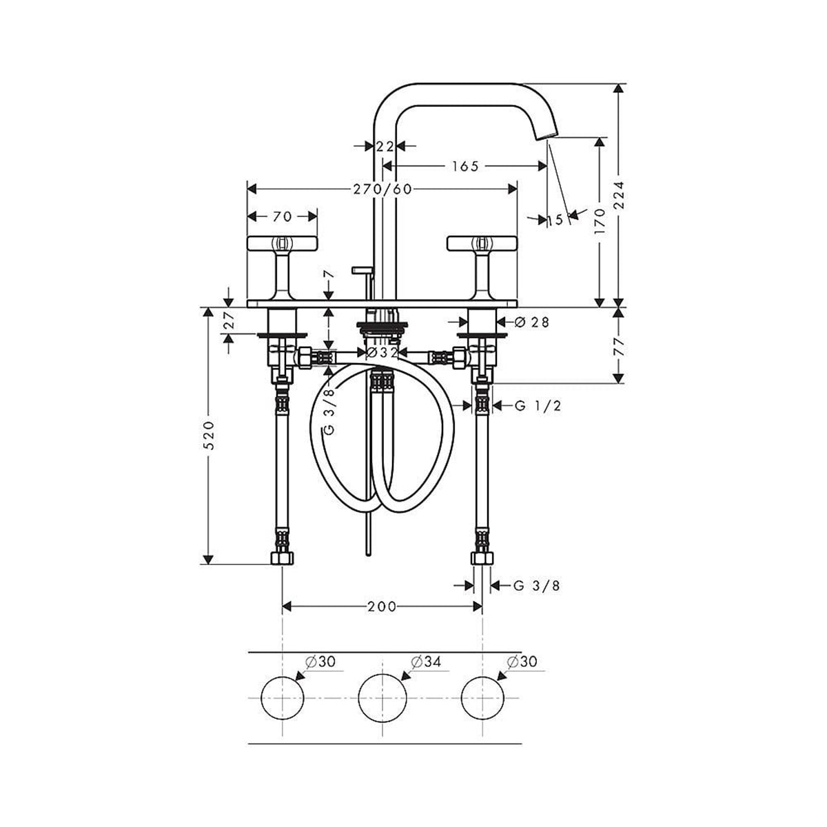 AXOR 36116000 Citterio E 3-Piece Basin Mixer with Plate