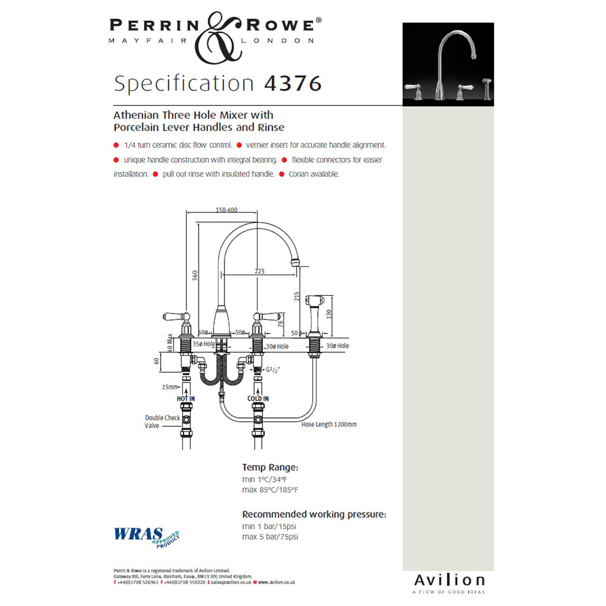 Perrin & Rowe Athenian 4376 Mixer Tap with Lever Handles and Rinse