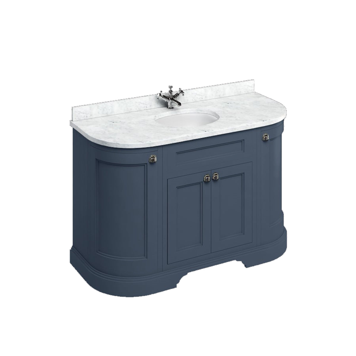 Burlington Bathrooms Freestanding 134 Curved Unit with Carrara White Worktop, Doors & Integrated White Basin