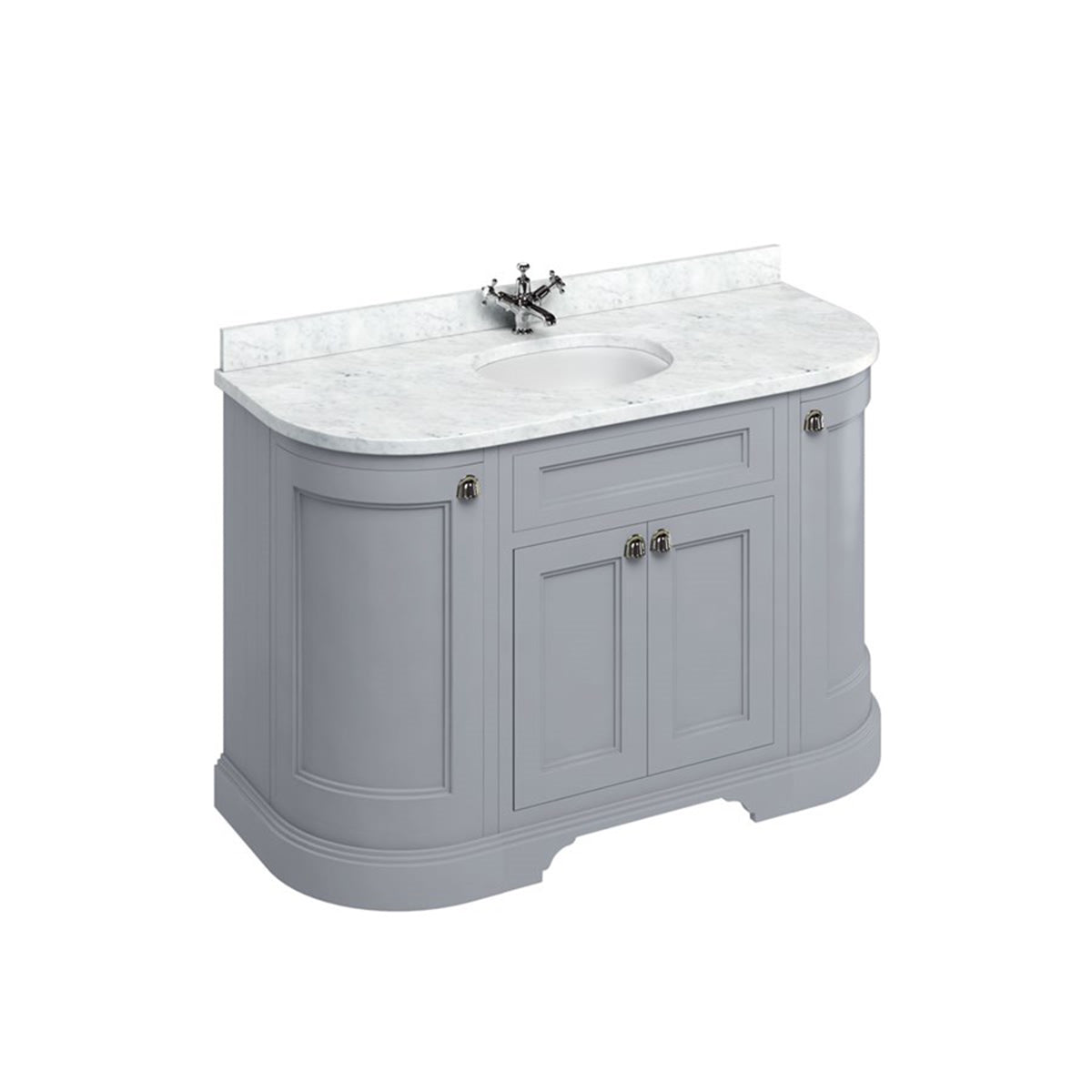 Burlington Bathrooms Freestanding 134 Curved Unit with Carrara White Worktop, Doors & Integrated White Basin