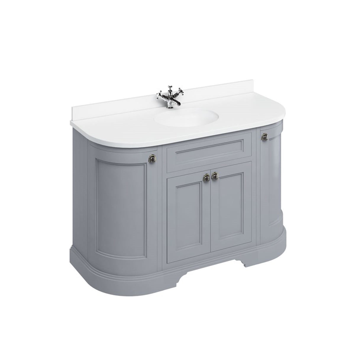 Burlington Bathrooms Freestanding 134 Curved Unit with White Worktop, Doors & Integrated White Basin