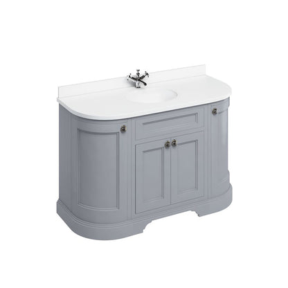 Burlington Bathrooms Freestanding 134 Curved Unit with White Worktop, Doors & Integrated White Basin