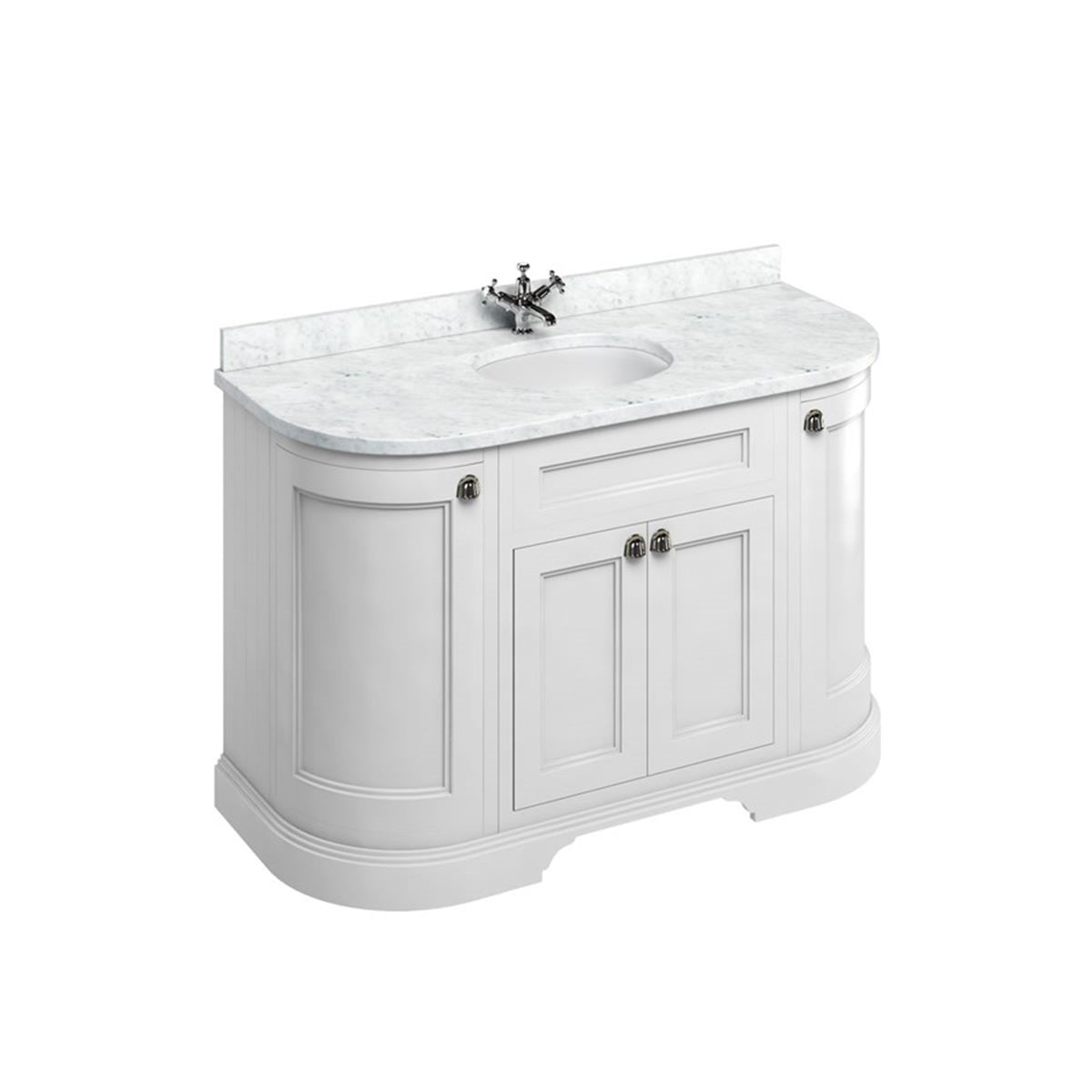 Burlington Bathrooms Freestanding 134 Curved Unit with Carrara White Worktop, Doors & Integrated White Basin