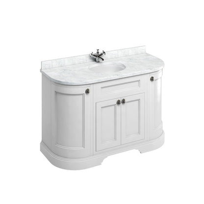 Burlington Bathrooms Freestanding 134 Curved Unit with Carrara White Worktop, Doors & Integrated White Basin