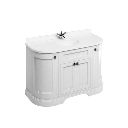 Burlington Bathrooms Freestanding 134 Curved Unit with White Worktop, Doors & Integrated White Basin