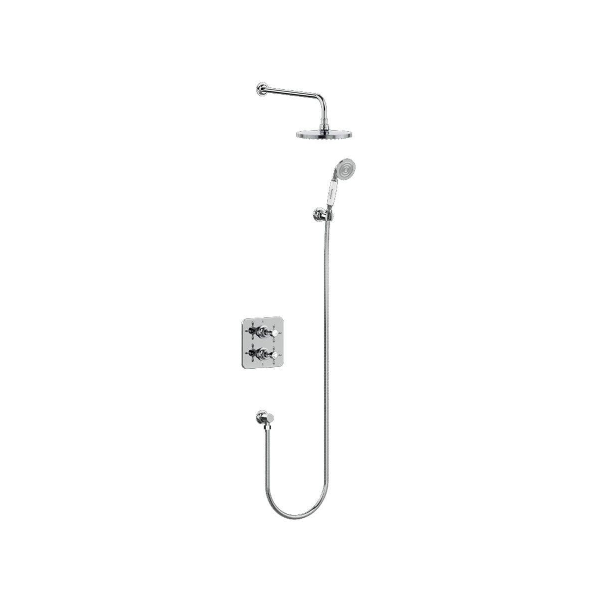 Burlington Guild GUSHOWERPACKSQ3 Square Thermostatic Dual Outlet Concealed Diverter Shower Valve, Fixed Shower Arm & Head, Holder & Handset with Hose & Outlet Elbow
