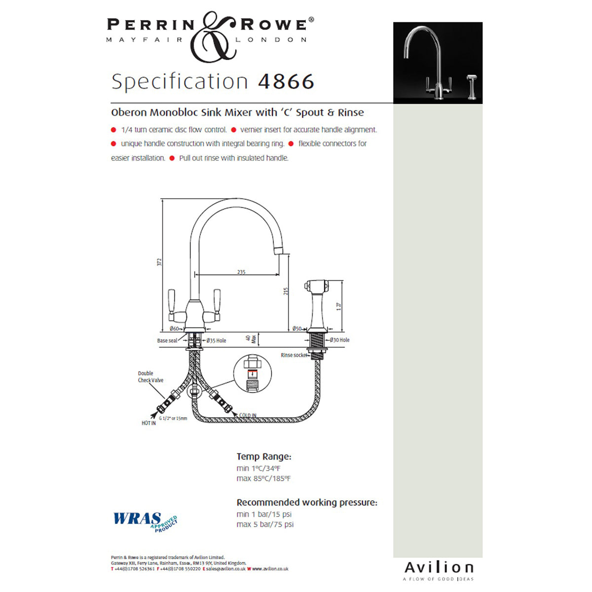 Perrin & Rowe Oberon - C Spout 4866 (with Rinse) Kitchen Tap