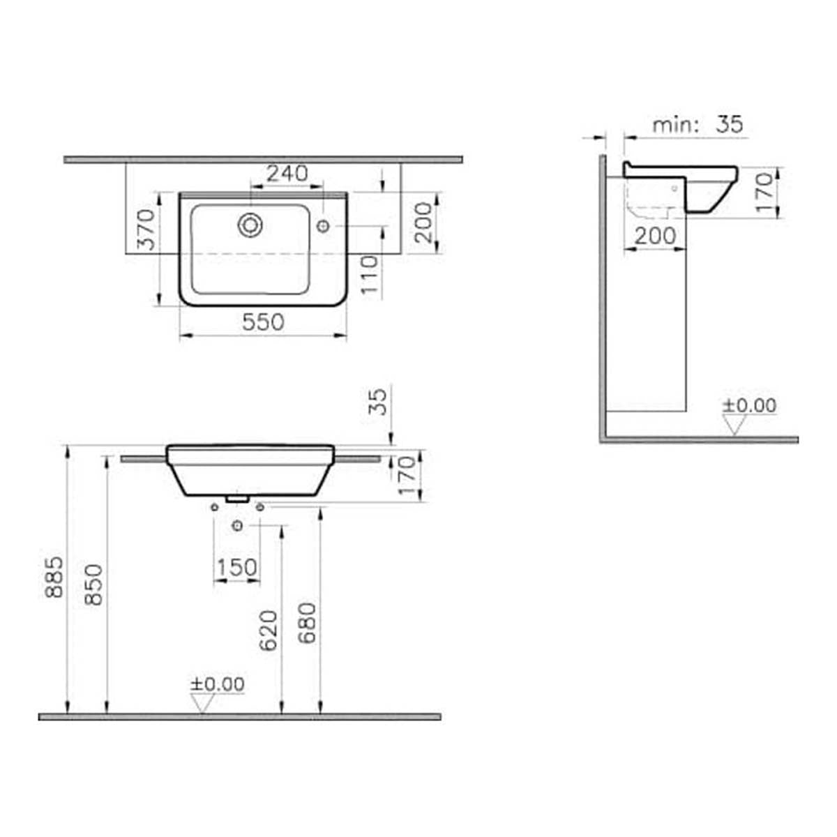 Vitra S50 Compact Semi-Recessed Basin Right Hand 1 Taphole - 5340